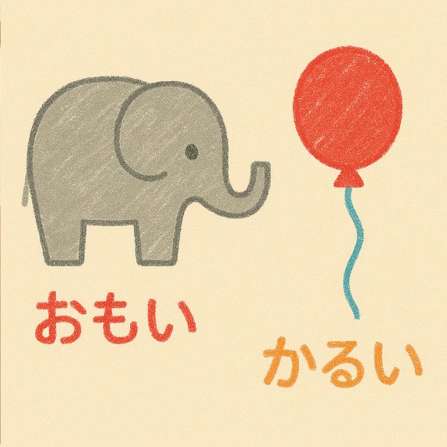 反対言葉カード「おもい」と「かるい」(ぞうと赤い風船のイラスト)