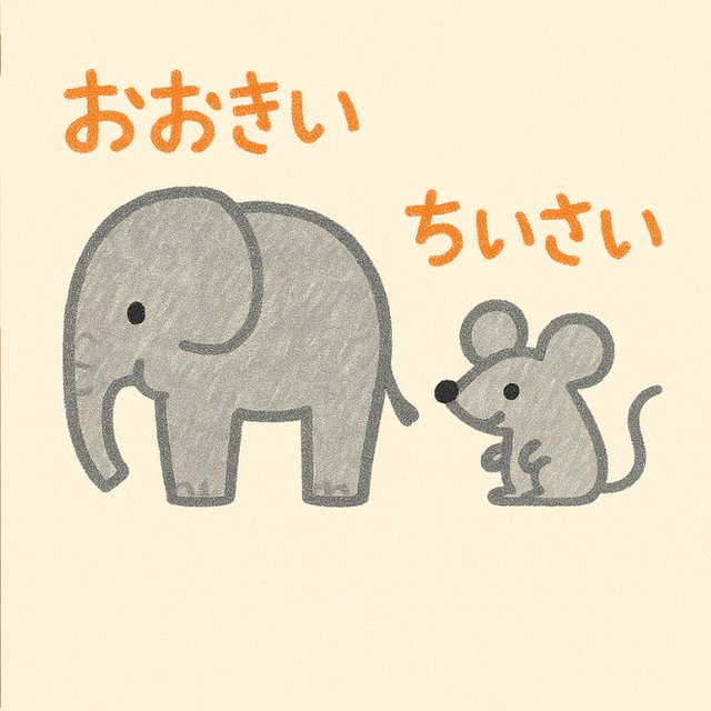 反対言葉カード「おおきい」と「ちいさい」(ぞうとねずみのイラスト)