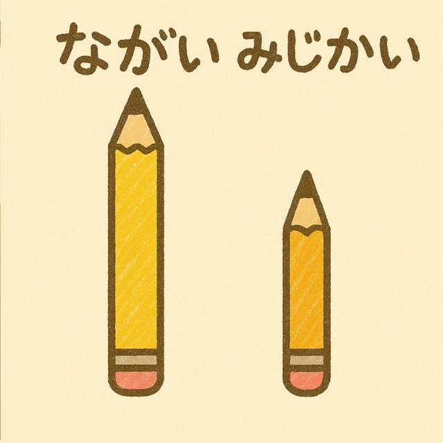 反対言葉カード「ながい」と「みじかい」(長いえんぴつと短いえんぴつのイラスト)