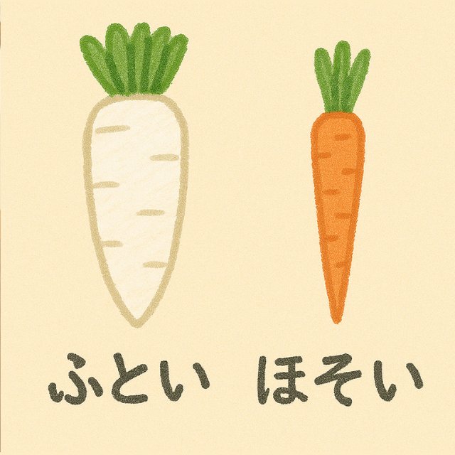 反対言葉カード「ふとい」と「ほそい」(だいこんとにんじんのイラスト)
