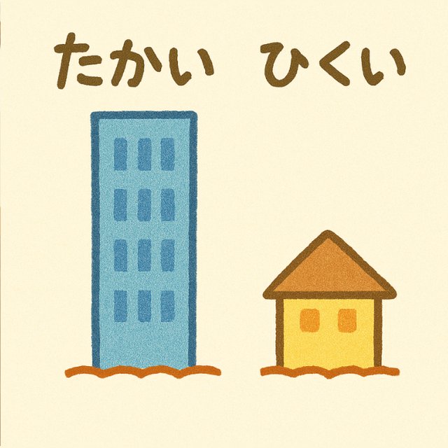 反対言葉カード「たかい」と「ひくい」(高いビルと低い家のイラスト)
