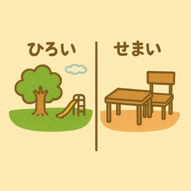 反対言葉カード「ひろい」と「せまい」(広い公園と、つくえといすのまわりのイラスト)