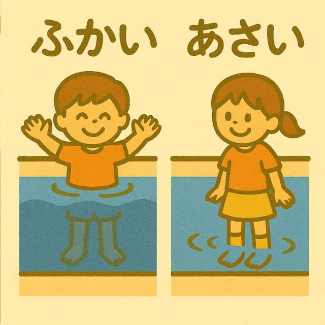 反対言葉カード「ふかい」と「あさい」(深い水と浅い水に入った子どものイラスト)