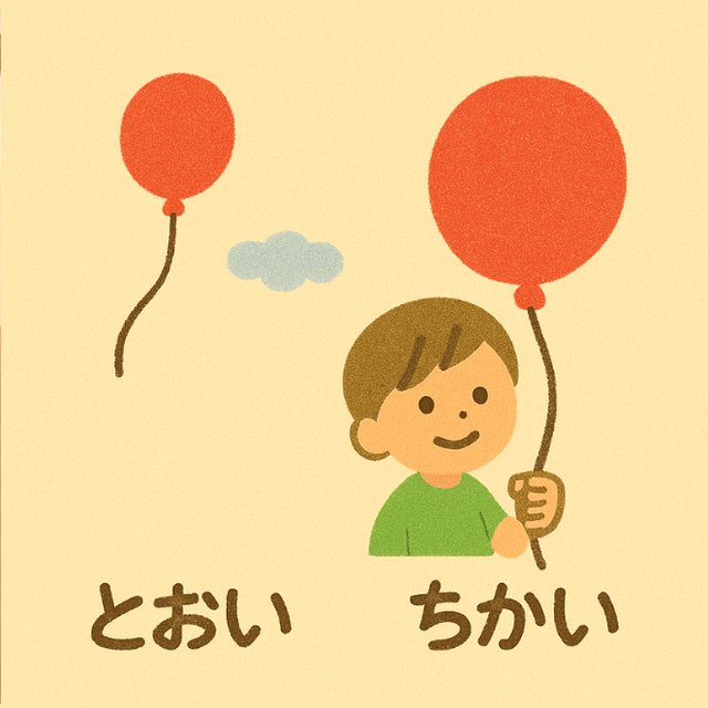 反対言葉カード「とおい」と「ちかい」(遠くの風船と、男の子が持つ近くの風船のイラスト)