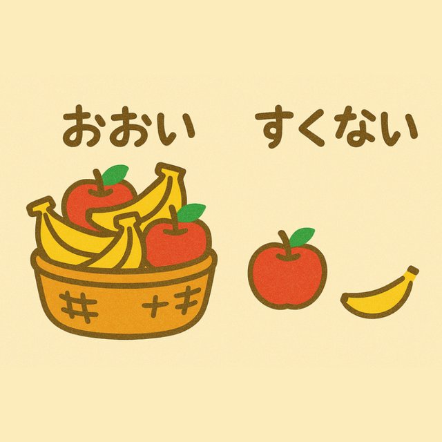 反対言葉カード「おおい」と「すくない」(くだものがたくさん入ったかごと、りんご1こ・バナナ1本のイラスト)