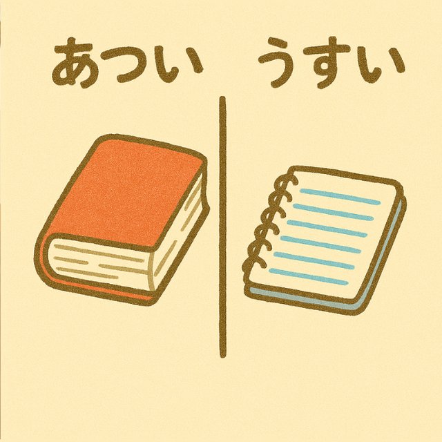 反対言葉カード「あつい」と「うすい」(厚い本と薄いノートのイラスト)