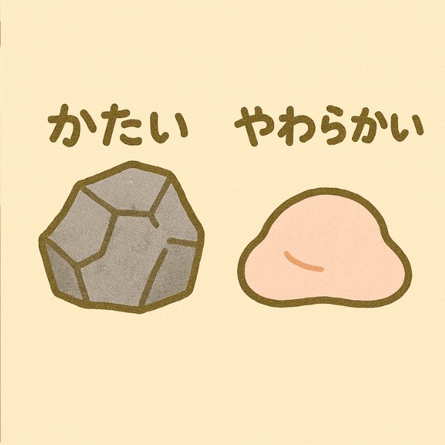 反対言葉カード「かたい」と「やわらかい」(石とおもちのイラスト)