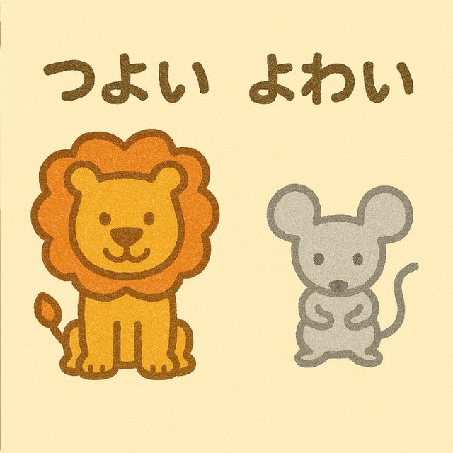 反対言葉カード「つよい」と「よわい」(ライオンとねずみのイラスト)