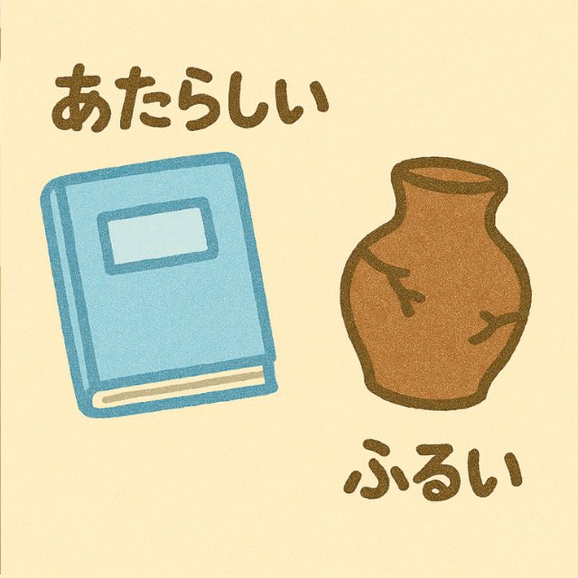 反対言葉カード「あたらしい」と「ふるい」(新しい本と古いつぼのイラスト)