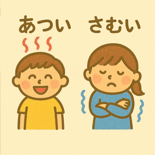 反対言葉カード「あつい」と「さむい」(汗をかく男の子と、寒くてふるえる女の子のイラスト)