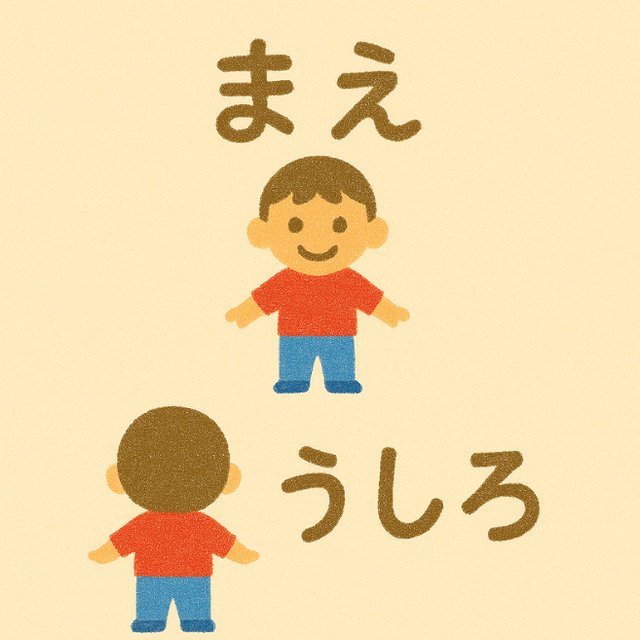 反対言葉カード「まえ」と「うしろ」(男の子の前すがたと後ろすがたのイラスト)