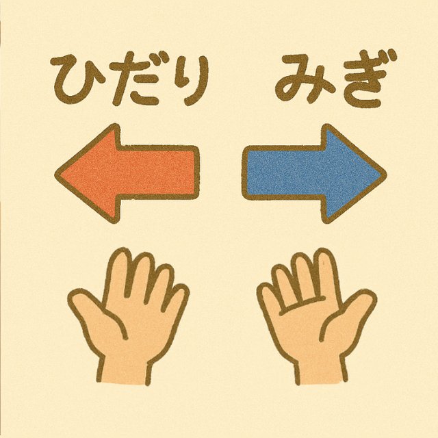 反対言葉カード「ひだり」と「みぎ」(左右の矢印と手のイラスト)