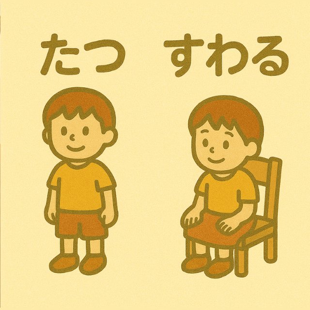 反対言葉カード「たつ」と「すわる」(立っている男の子と、いすにすわった男の子のイラスト)