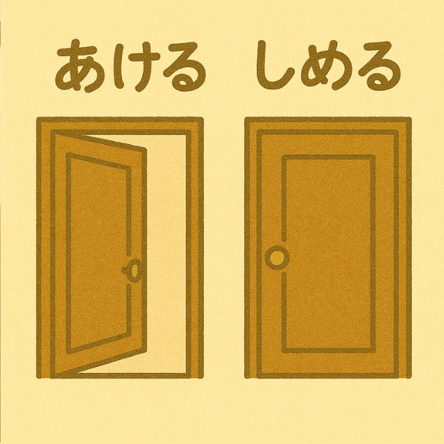 反対言葉カード「あける」と「しめる」(開いたドアと閉まったドアのイラスト)