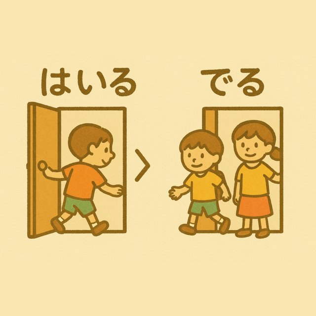 反対言葉カード「はいる」と「でる」(ドアから入る男の子と、出てくる子どもたちのイラスト)