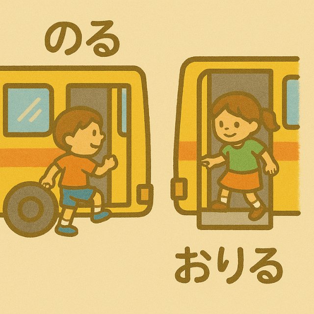反対言葉カード「のる」と「おりる」(バスに乗る男の子と、バスから降りる女の子のイラスト)