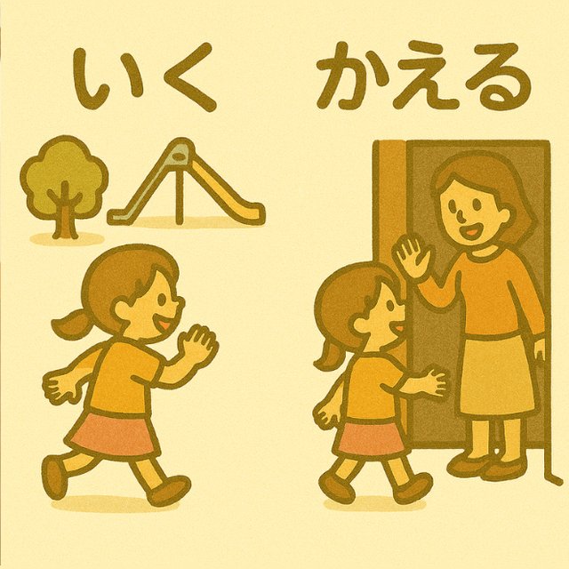 反対言葉カード「いく」と「かえる」(公園へ行く女の子と、家に帰ってきた女の子のイラスト)