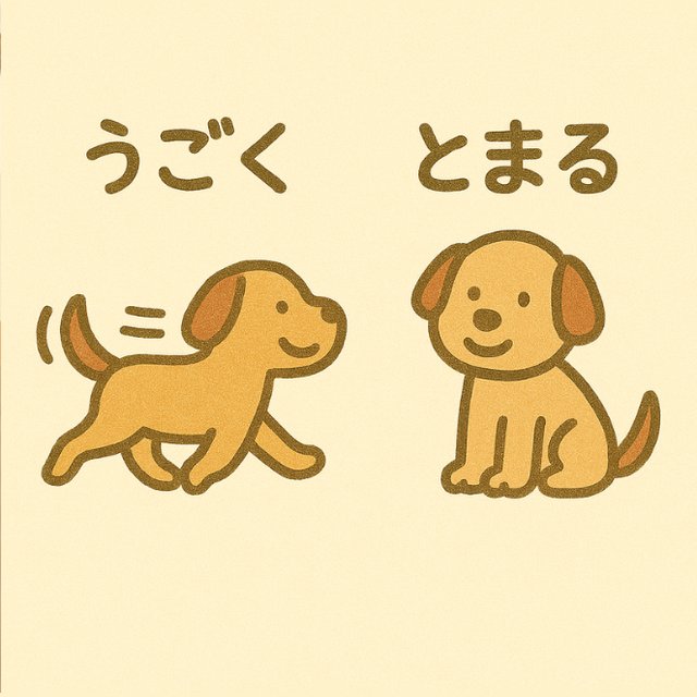 反対言葉カード「うごく」と「とまる」(走る犬と、すわっている犬のイラスト)